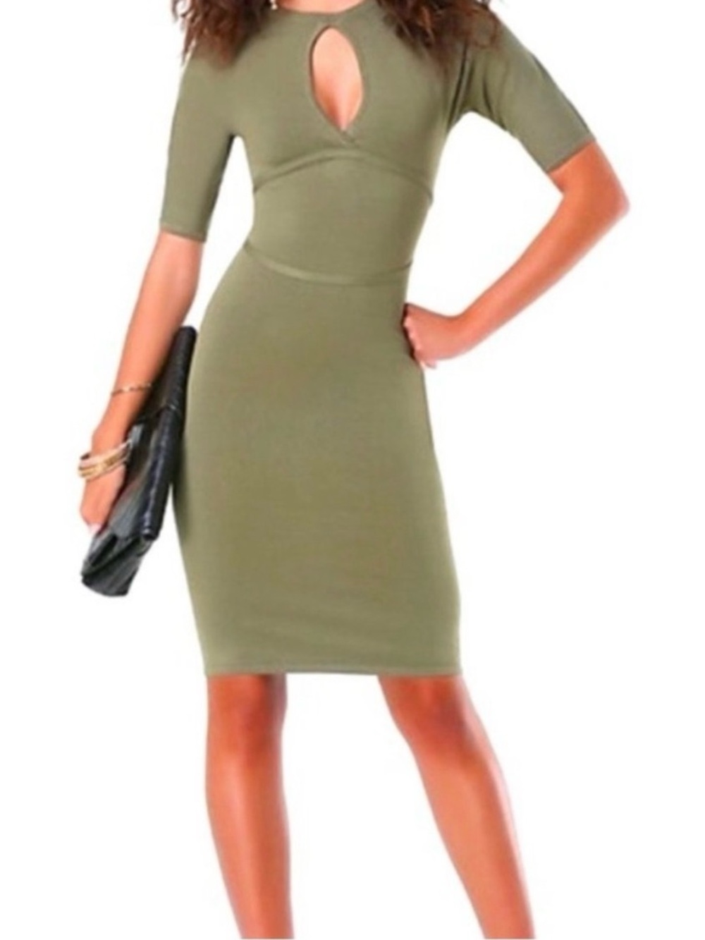 Bebe Dark Green “Scarab” Keyhole Sheath Dress, M